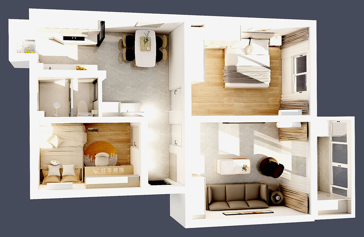 朱明琪｜旭光里53-301-70㎡-现代简约风格｜2室2厅1卫｜老房装修｜定制家｜全包12万｜00_04鸟瞰图